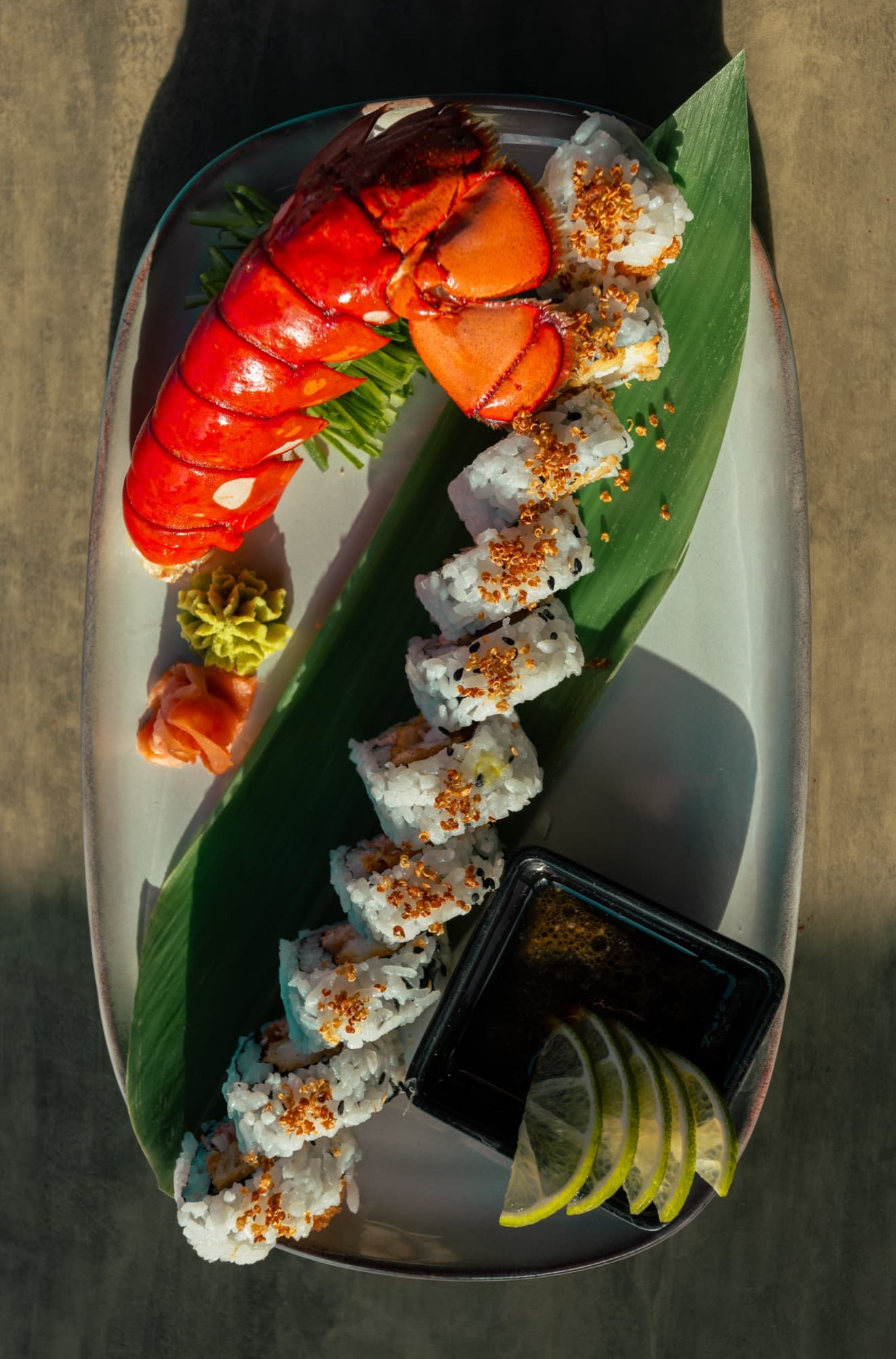 Green-topped sushi roll in close-up