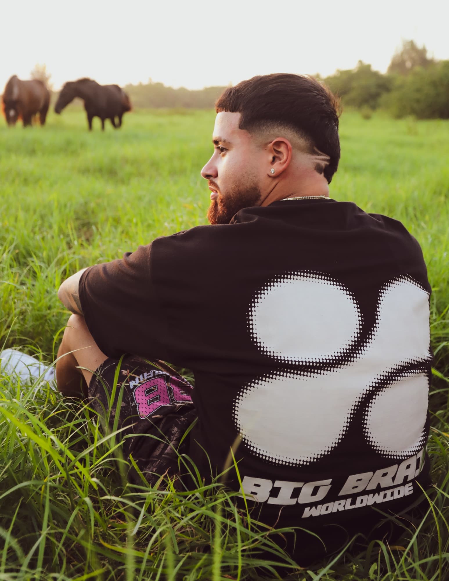 Artist in a Big Brain hoodie sitting in a field with horses